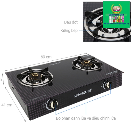 Bếp Gas Đôi Mặt Kính SUNHOUSE SHB 3366MT